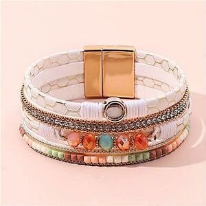 ☀Boho White Multi-Layer Beaded Bracelet Magnetic Clasp Gemstone Accent Stackable